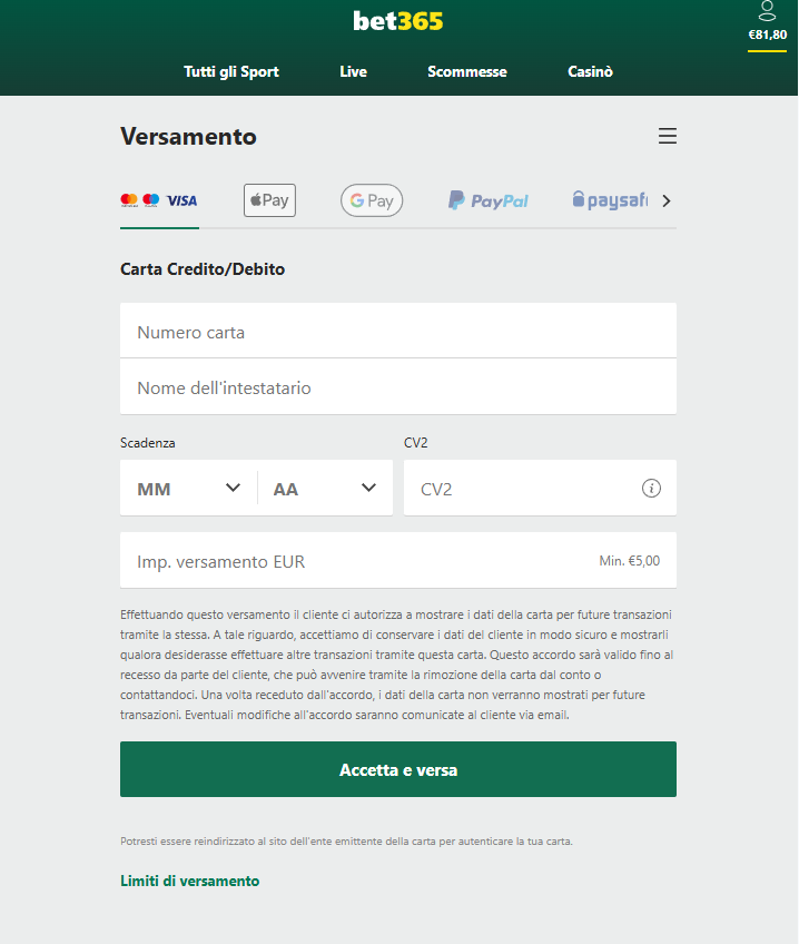 Effettuare un deposito su bet365