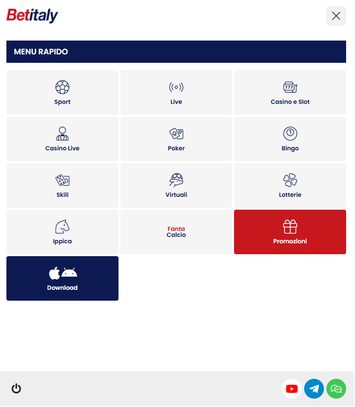 Scaricare BetItaly app su Android
Scarica sul pulsante blu “Download” con le classiche icone Apple e Android.
