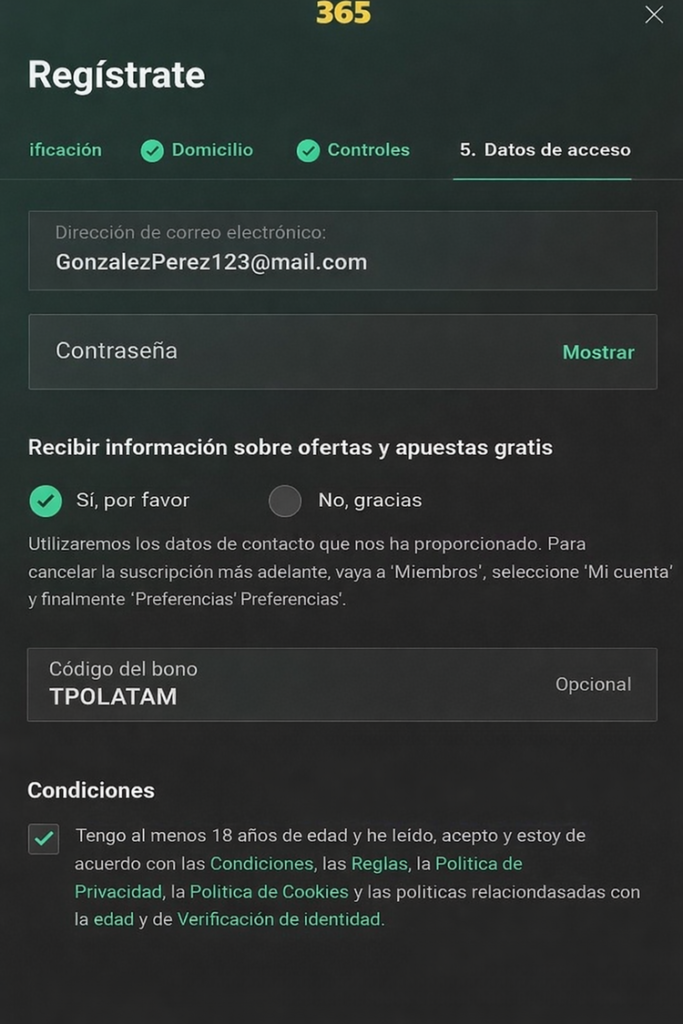 formulario de registro bet365 con el c&oacute;digo TPOLATAM