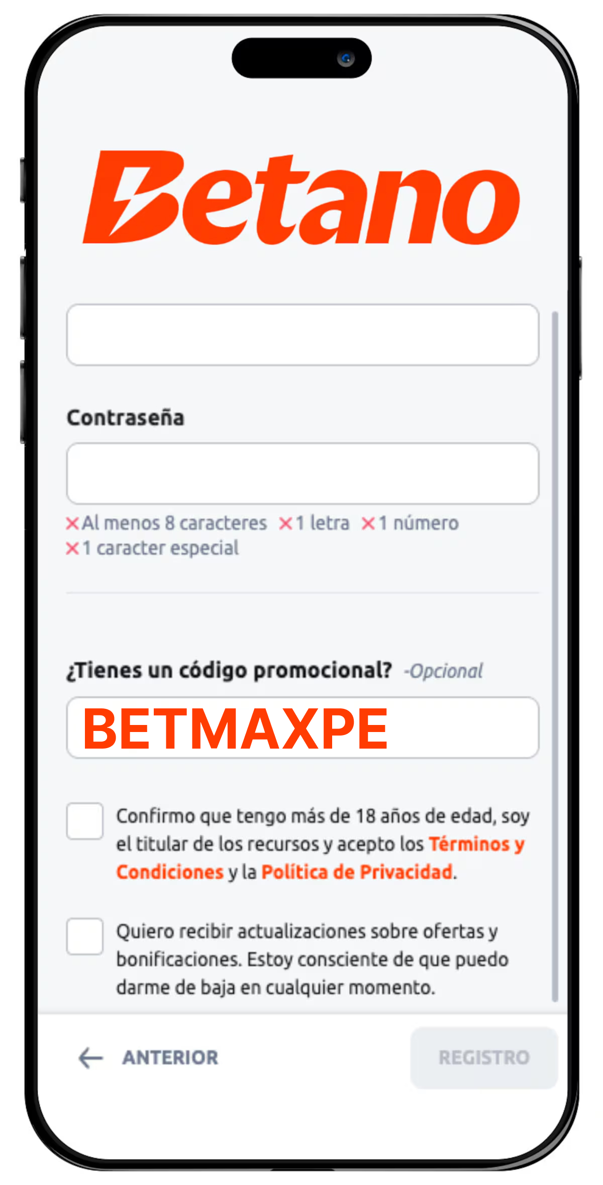 Registro en Betano paso 3: ingresar el c&oacute;digo promocional BETMAXPE