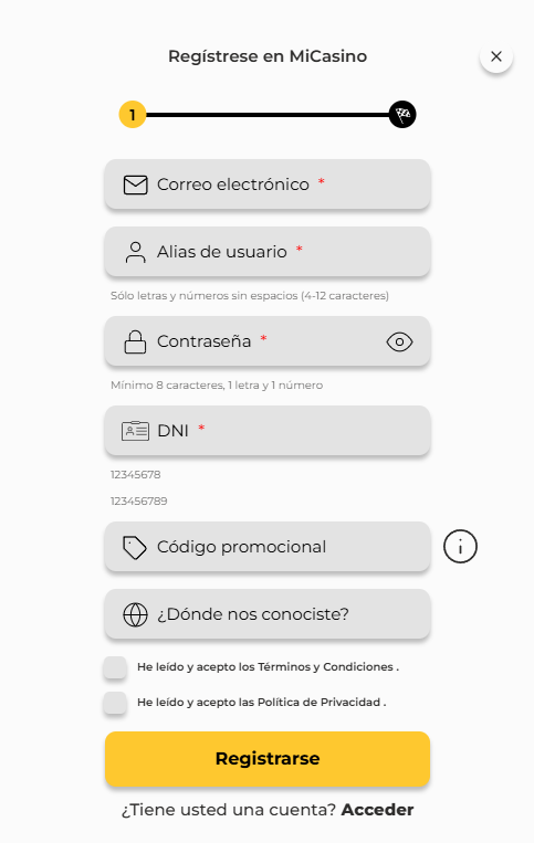 Registrese en Micasino y Activa el c&oacute;digo