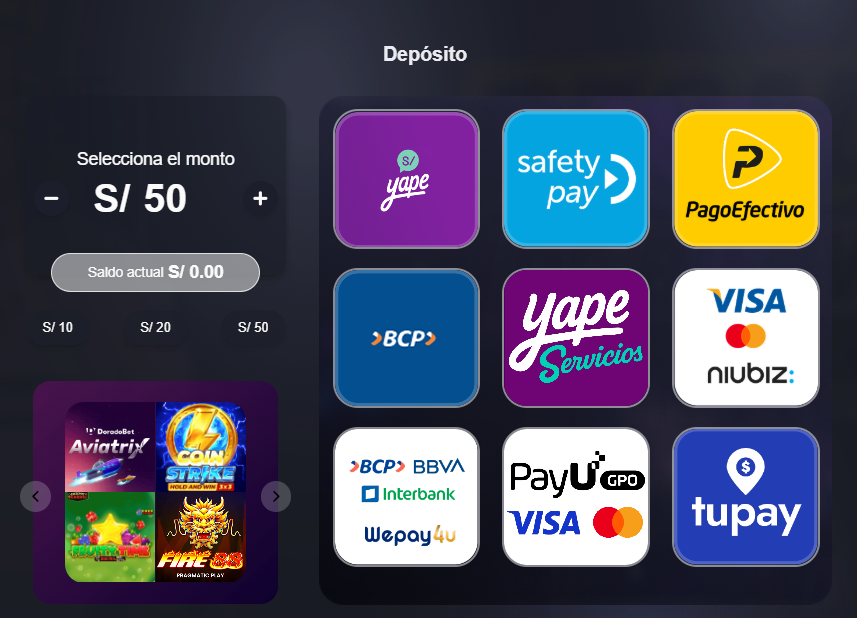 M&eacute;todos de pago disponibles para activar el c&oacute;digo promocional Doradobet