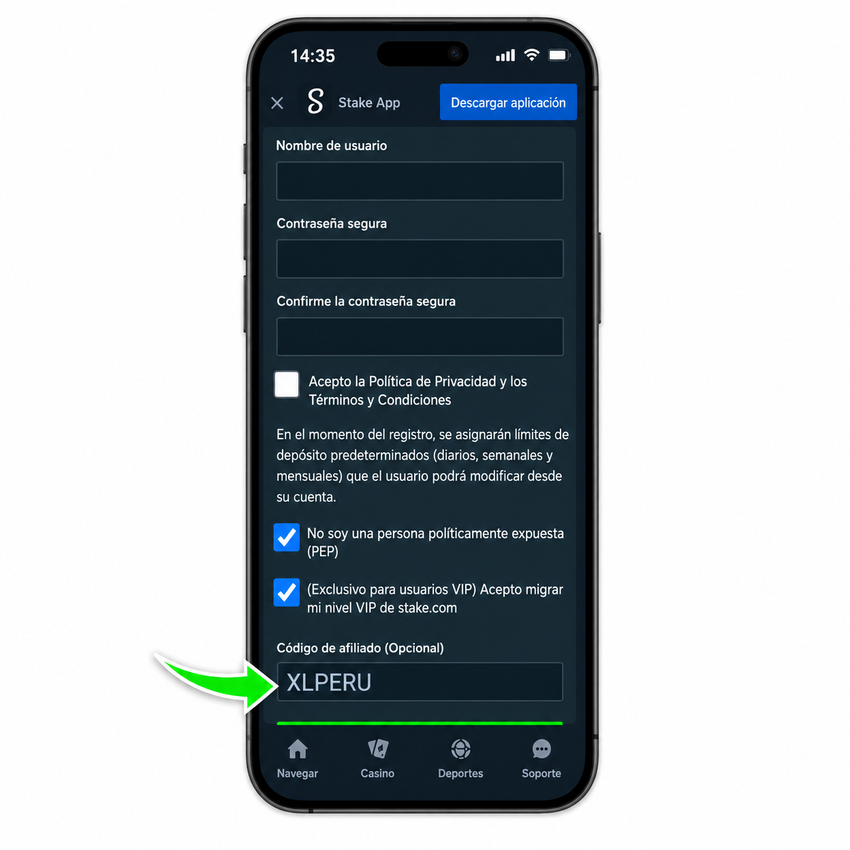 Captura de la app de Stake ingresando el c&oacute;digo promocional