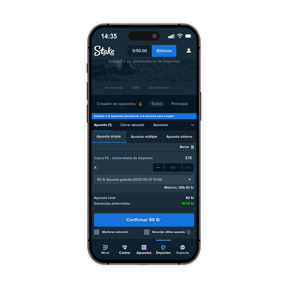 Secci&oacute;n apuestas de la app de Stake