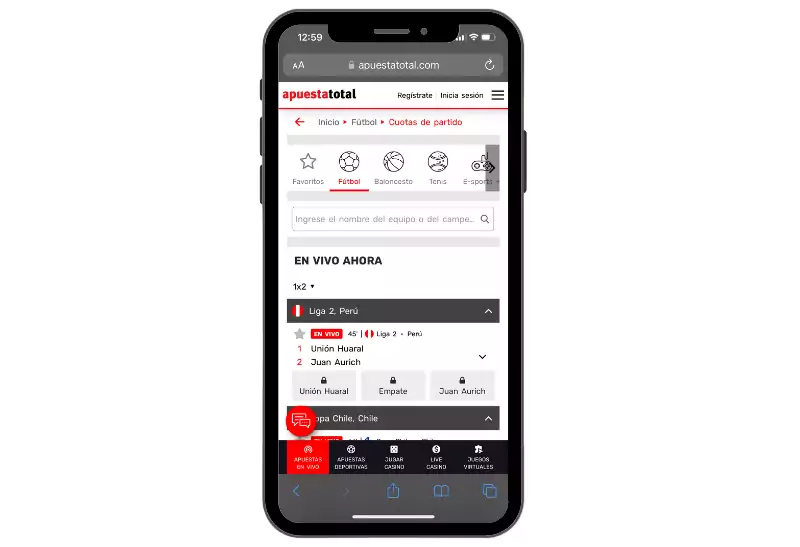 App de Apuesta Total sección apuestas en vivo