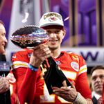 LAS VEGAS, NEVADA - FEBRUARY 11: Patrick Mahomes #15 of the Kansas City Chiefs celebrates with the Vince Lombardi Trophy following the NFL Super Bowl 58 football game between the San Francisco 49ers and the Kansas City Chiefs at Allegiant Stadium on February 11, 2024 in Las Vegas, Nevada