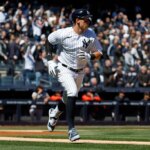 NEW YORK, NY - MARCH 30: Aaron Judge #99 of the New York Yankees hits a home run during the first inning against the San Francisco Giants on Opening Day at Yankee Stadium on March 30, 2023, in New York, New York