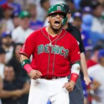 MIAMI, FLORIDA - MARCH 17: Issac Paredes #17 of Team Mexico reacts during the seventh inning against Team Puerto Rico in the World Baseball Classic Quarterfinals game at loanDepot park on March 17, 2023 in Miami, Florida