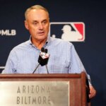 PHOENIX, AZ - FEBRUARY 15: Major League Baseball Commissioner Robert D. Manfred Jr. speaks to the media during the Spring Training Cactus League Media Day at Arizona Biltmore on Wednesday, February 15, 2023 in Phoenix, Arizona