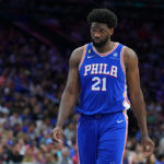 PHILADELPHIA, PA - APRIL 17: Joel Embiid #21 of the Philadelphia 76ers looks on against the Brooklyn Nets during Game Two of the Eastern Conference First Round Playoffs at the Wells Fargo Center on April 17, 2023 in Philadelphia, Pennsylvania.