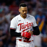 MINNEAPOLIS, MN - MAY 09: Carlos Correa #4 of the Minnesota Twins reacts to striking out against the San Diego Padres in the seventh inning at Target Field on May 9, 2023 in Minneapolis, Minnesota. The Padres defeated the Twins 6-1