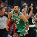 BOSTON, MASSACHUSETTS - MAY 25: Jayson Tatum #0 of the Boston Celtics reacts against the Miami Heat during the first quarter in game five of the Eastern Conference Finals at TD Garden on May 25, 2023 in Boston, Massachusetts.