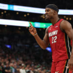BOSTON, MASSACHUSETTS - MAY 19: Jimmy Butler #22 of the Miami Heat reacts during the fourth quarter against the Boston Celtics in game two of the Eastern Conference Finals at TD Garden on May 19, 2023 in Boston, Massachusetts.