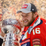 SUNRISE, FLORIDA - JUNE 24: Aleksander Barkov #16 of the Florida Panthers celebrates with the Stanley Cup following a 2-1 victory over the Edmonton Oilers in Game Seven of the 2024 NHL Stanley Cup Final at Amerant Bank Arena on June 24, 2024 in Sunrise, Florida