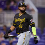 MIAMI, FLORIDA - JUNE 22: Carlos Santana #41 of the Pittsburgh Pirates at bat against the Miami Marlins during the first inning at loanDepot park on June 22, 2023 in Miami, Florida