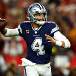 TAMPA, FL - JANUARY 16: Dak Prescott #4 of the Dallas Cowboys throws a pass during the first quarter of an NFL wild card playoff football game against the Tampa Bay Buccaneers at Raymond James Stadium on January 16, 2023 in Tampa, Florida.