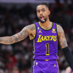 CHICAGO, IL - MARCH 29: Los Angeles Lakers guard D'Angelo Russell (1) reacts to a play during a NBA game between the Los Angeles Lakers and the Chicago Bulls on March 29, 2023 at the United Center in Chicago, IL