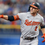 ST. PETERSBURG, FL - July 23: Baltimore Orioles Infielder Gunnar Henderson (2) points to the cheering fans as he rounds the bases after hitting a home run during the MLB regular season game between the Baltimore Orioles and the Tampa Bay Rays on July 23, 2023, at Tropicana Field in St. Petersburg, FL