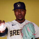 PHOENIX, ARIZONA - FEBRUARY 22: Thyago Vieira #49 of the Milwaukee Brewers poses for a portrait during photo day at American Family Fields of Phoenix on February 22, 2023 in Phoenix, Arizona.