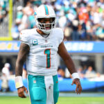 INGLEWOOD, CA - SEPTEMBER 10: Miami Dolphins quarterback Tua Tagovailoa (1) celebrates after throwing for a touchdown during the NFL regular season game between the Miami Dolphins and the Los Angeles Chargers on September 10, 2023, at SoFi Stadium in Inglewood, CA.
