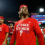 PHILADELPHIA, PENNSYLVANIA - OCTOBER 04: Bryce Harper #3 of the Philadelphia Phillies reacts after defeating the Miami Marlins 7-1 in Game Two of the Wild Card Series at Citizens Bank Park on October 04, 2023 in Philadelphia, Pennsylvania