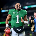 PHILADELPHIA, PA - OCTOBER 22: Philadelphia Eagles Quarterback Jalen Hurts (1) leaves the field after the game between the Miami Dolphins and Philadelphia Eagles on October 22, 2023 at Lincoln Financial Field in Philadelphia, PA