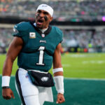 PHILADELPHIA, PENNSYLVANIA - NOVEMBER 05: Jalen Hurts #1 of the Philadelphia Eagles reacts prior to the game iagainst the Dallas Cowboys at Lincoln Financial Field on November 05, 2023 in Philadelphia, Pennsylvania.