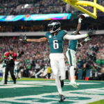 PHILADELPHIA, PENNSYLVANIA - NOVEMBER 05: A.J. Brown #11 of the Philadelphia Eagles celebrates after a touchdown with DeVonta Smith #6 during the second half in the game against the Dallas Cowboys at Lincoln Financial Field on November 05, 2023 in Philadelphia, Pennsylvania