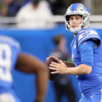 DETROIT, MICHIGAN - NOVEMBER 19: Jared Goff #16 of the Detroit Lions looks to pass during the second quarter of a game against the Chicago Bears at Ford Field on November 19, 2023 in Detroit, Michigan