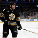 BOSTON, MA - OCTOBER 03: Boston Bruins left wing Milan Lucic (17) during a game between the Boston Bruins and the Washington Capitals on October 3, 2023, at TD Garden in Boston, Massachusetts.