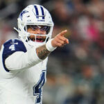 ARLINGTON, TX - DECEMBER 10: Dak Prescott #4 of the Dallas Cowboys lines up against the Philadelphia Eagles during the first half at AT&T Stadium on December 10, 2023 in Arlington, Texas