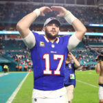 MIAMI GARDENS, FLORIDA - JANUARY 07: Josh Allen #17 of the Buffalo Bills reacts after a 21-14 victory against the Miami Dolphins at Hard Rock Stadium on January 07, 2024 in Miami Gardens, Florida