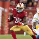 SANTA CLARA, CA - AUGUST 25: Tyrion Davis-Price #32 of the San Francisco 49ers rushes during the game against the Los Angeles Chargers at Levi's Stadium on August 25, 2023 in Santa Clara, California. The Chargers defeated the 49ers 23-12.