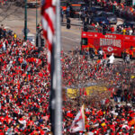 KANSAS CITY, MISSOURI - FEBRUARY 14: A general view of Kansas City Chiefs fans gathered at Union Station during the Kansas City Chiefs Super Bowl LVIII victory parade on February 14, 2024 in Kansas City, Missouri.