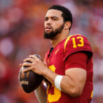LOS ANGELES, CALIFORNIA - NOVEMBER 18: Caleb Williams #13 of the USC Trojans looks to throw a pass on the sideline during the first half of a game against the UCLA Bruins at United Airlines Field at the Los Angeles Memorial Coliseum on November 18, 2023 in Los Angeles, California.
