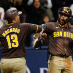 SEOUL, SOUTH KOREA - MARCH 21: Manny Machado #13 of the San Diego Padres celebrates with teammate Fernando Tatis Jr. #23 after hitting a three-run home run in the ninth inning during the 2024 Seoul Series game between the San Diego Padres and the Los Angeles Dodgers at Gocheok Sky Dome on Thursday, March 21, 2024 in Seoul, California
