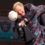 KANSAS CITY, MISSOURI - APRIL 27: (L-R) Tyree Wilson celebratewith NFL Commissioner Roger Goodell after being selected seventh overall by the Las Vegas Raiders during the first round of the 2023 NFL Draft at Union Station on April 27, 2023 in Kansas City, Missouri