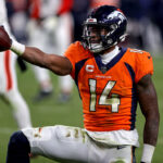 DENVER, CO - NOVEMBER 26: Denver Broncos wide receiver Courtland Sutton signals a first down during an NFL game between the Cleveland Browns and the Denver Broncos on November 26, 2023 at Empower Field at Mile High in Denver, CO