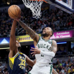 INDIANAPOLIS, INDIANA - JANUARY 03: Damian Lillard #0 of the Milwaukee Bucks shoots the ball against the Indiana Pacers at Gainbridge Fieldhouse on January 03, 2024 in Indianapolis, Indiana.
