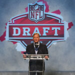 KANSAS CITY, MO - APRIL 27: Commissioner Roger Goodell announces a pick from the podium in the first round of the NFL Draft on April 27, 2023 at Union Station in Kansas City, MO