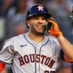 BRONX, NY - MAY 07: Jose Altuve #27 of the Houston Astros reacts after striking out during the game against the New York Yankees on May 7, 2024 at Yankee Stadium in the Bronx, New York