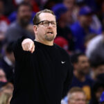 PHILADELPHIA, PENNSYLVANIA - APRIL 28: Head coach Nick Nurse of the Philadelphia 76ers reacts during the fourth quarter against the New York Knicks during game four of the Eastern Conference First Round Playoffs at the Wells Fargo Center on April 28, 2024 in Philadelphia, Pennsylvania.
