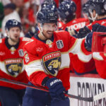 SUNRISE, FLORIDA - JUNE 10: Evan Rodrigues #17 of the Florida Panthers celebrates after scoring his second goal against the Edmonton Oilers during the third period in Game Two of the 2024 Stanley Cup Final at Amerant Bank Arena on June 10, 2024 in Sunrise, Florida