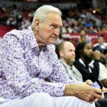 LAS VEGAS, NEVADA - JULY 11: Jerry West attends a basketball game between the Charlotte Hornets and the Portland Trail Blazersat the Thomas & Mack Center on July 11, 2023 in Las Vegas, Nevada. NOTE TO USER: User expressly acknowledges and agrees that, by downloading and or using this photograph, User is consenting to the terms and conditions of the Getty Images License Agreement.