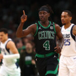 BOSTON, MASSACHUSETTS - JUNE 09: Jrue Holiday #4 of the Boston Celtics reacts during the third quarter against the Dallas Mavericks in Game Two of the 2024 NBA Finals at TD Garden on June 09, 2024 in Boston, Massachusetts.