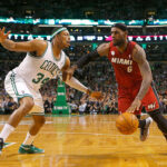 BOSTON, MA - MARCH 18: LeBron James #6 of the Miami Heat drives against Paul Pierce #34 of the Boston Celtics on March 18, 2013 at the TD Garden in Boston, Massachusetts
