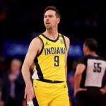 NEW YORK, NEW YORK - MAY 19: T.J. McConnell #9 of the Indiana Pacers reacts in the first quarter against the New York Knicks in Game Seven of the Eastern Conference Second Round Playoffs at Madison Square Garden on May 19, 2024 in New York City.