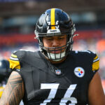 DENVER, CO - SEPTEMBER 15: Pittsburgh offensive tackle Troy Fautanu (76) during a game between the Denver Broncos and the Pittsburgh Steelers at Empower Field at Mile High in Denver, CO on September 15, 2024