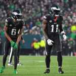 Dec 25, 2023; Philadelphia, Pennsylvania, USA; Philadelphia Eagles wide receiver DeVonta Smith (6) and wide receiver A.J. Brown (11) against the New York Giants at Lincoln Financial Field.