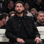 Feb 29, 2024; Brooklyn, New York, USA; Brooklyn Nets guard Ben Simmons (not in uniform) sits on the bench in the first quarter against the Atlanta Hawks at Barclays Center.